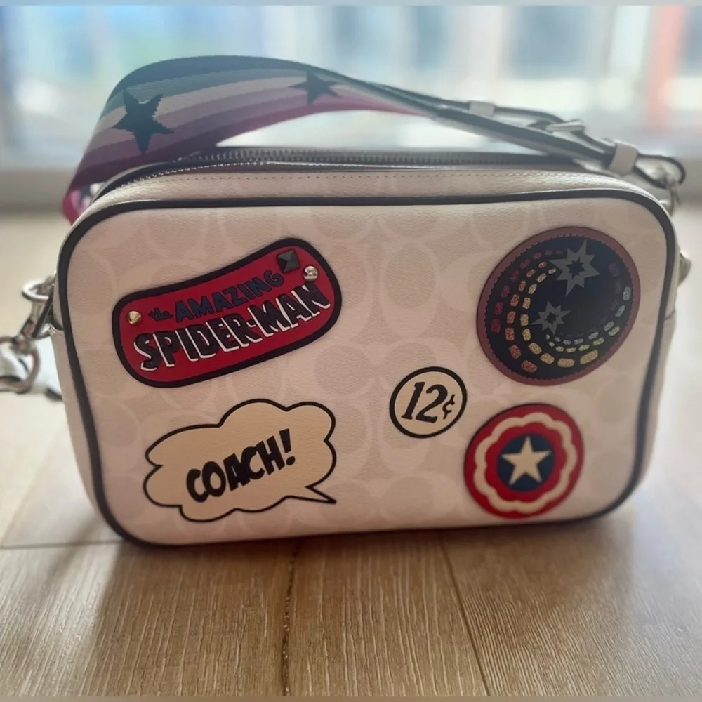 Coach authentic Spider-Man Marvel White Bag with Patches. NWOT limited edition